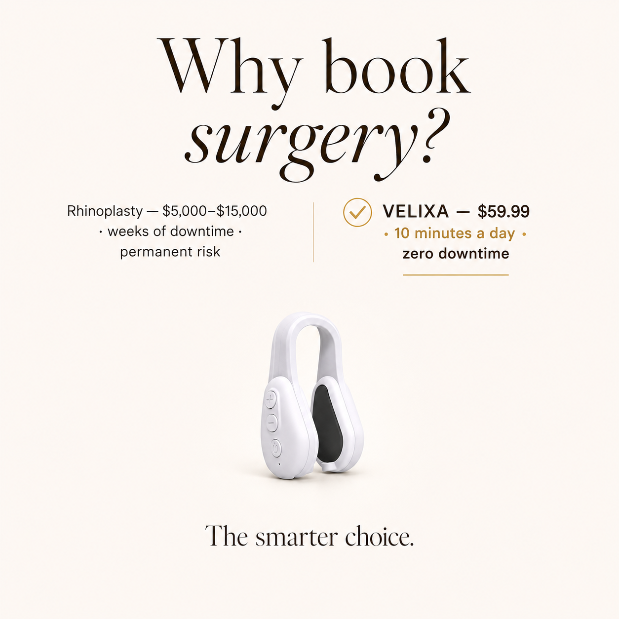 VELIXA nose sculpting device vs rhinoplasty — $59.99 with zero downtime versus $5,000-$15,000 surgery, the non-invasive alternative for a more defined-looking nose